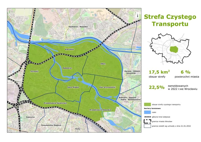 Planowany obszar strefy czystego transportu we Wrocławiu /
