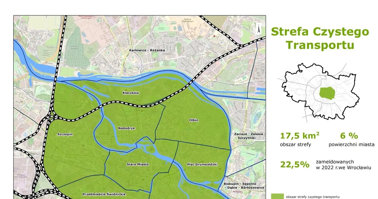 Planowany obszar strefy czystego transportu we Wrocławiu /