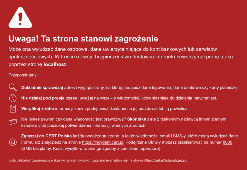 Plansza z ostrzeżeniem o niebezpiecznej stronie internetowej. /Materiały CERT Polska/NASK /materiały prasowe