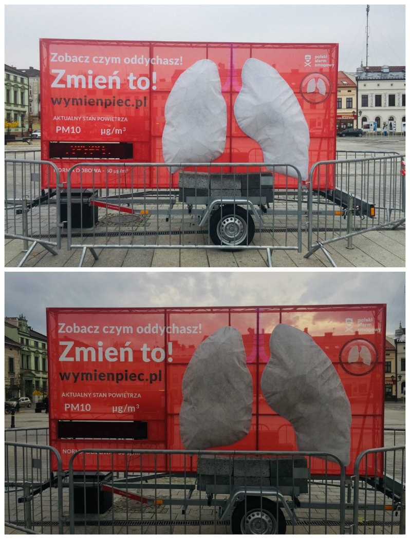 Płuca z instalacji "oddychają". Po pewnym czasie na białej materii zaczynają osadzać się zanieczyszczenia powietrza /Polski Alarm Smogowy /