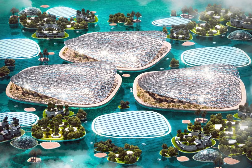 Pływające budynki Dubai Reefs będą zasilane energią odnawialną z farm słonecznych, wodnych i falowych /Urb /materiały prasowe