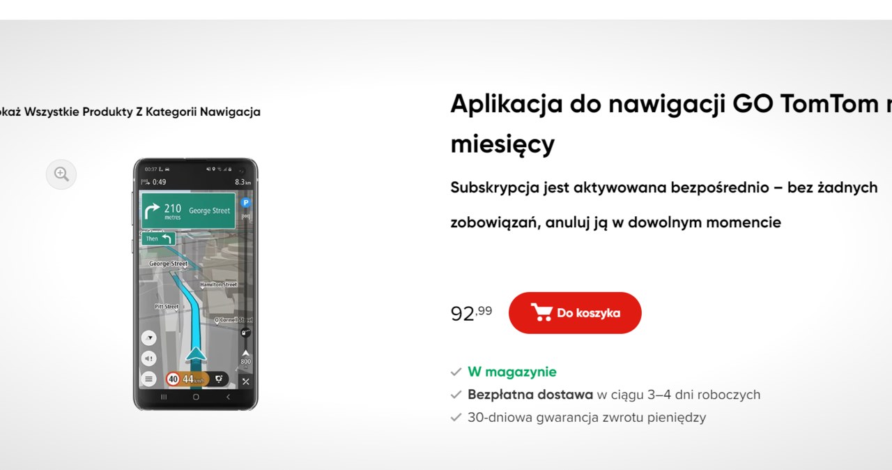 Po kliknięciu opcji "Do koszyka" zostaniemy przeniesieni do części transakcyjnej. /tomtom.com/ zrzut ekranu /