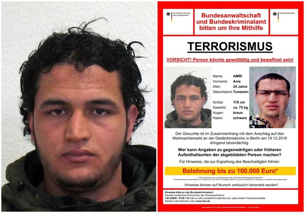 Po lewej: Anis Amri na zdjęciu opublikowanym przez niemiecką policję. Po prawej: ogłoszenie niemieckiej policji o wyznaczeniu nagrody za pomoc w schwytaniu Tunezyjczyka /Bundeskriminalamt (BKA)/HANDOUT /PAP/EPA