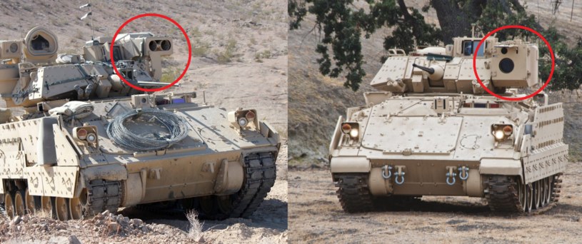 Po lewej Bradley M2A2 ODS z zaznaczoną wyrzutnią rakiet przeciwpancernych TOW. Po prawej M7 Bradley z zaznaczonym Fire Support Sensor System na miejsce standardowej wyrzutni /BAE Systems /domena publiczna