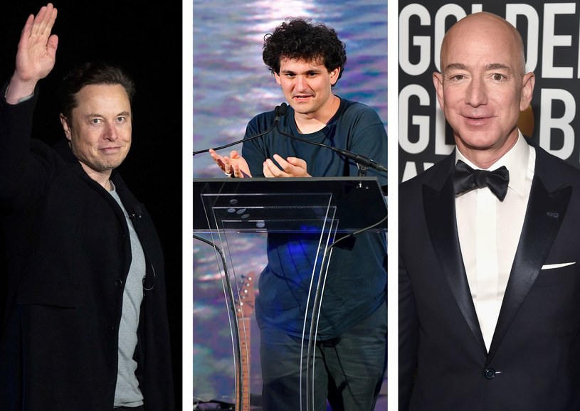 Po lewej: Elon Musk. Na środku: Sam Bankman-Fried. Po prawej: Jeff Bezos. Źródło: AFP /AFP