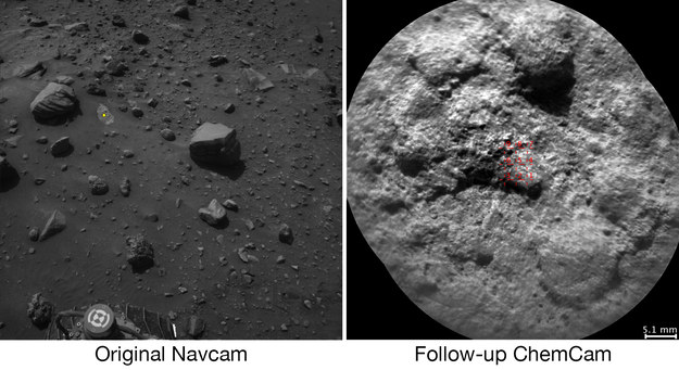 Po lewej interesujący punkt namierzony przez NavCam (oznaczony na żółto), po prawej ten sam punkt w obiektywie ChemCam /NASA/JPL-Caltech/LANL/CNES/IRAP/LPGNantes/CNRS/IAS /materiały prasowe