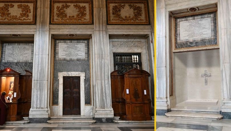 Po lewej: miejsce, które na swój grób wybrał papież Franciszek (za drzwiami). Po prawej: projekt nagrobka. /Vandeville Eric/ABACA/Abaca/East News - PAP/EPA/HOLY SEE PRESS OFFICE HANDOUT /