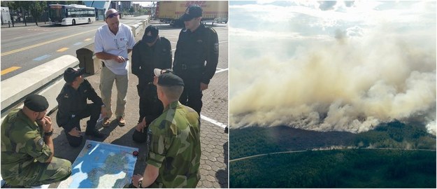 Po lewej: narada polskich strażaków ze szwedzkimi wojskowymi (fot. Państwowa Straż Pożarna), po prawej: płonące lasy w okolicach miasta Ljusdal (fot. Maja Suslin/PAP/EPA) /PSP /PAP/EPA /PSP /PAP/EPA
