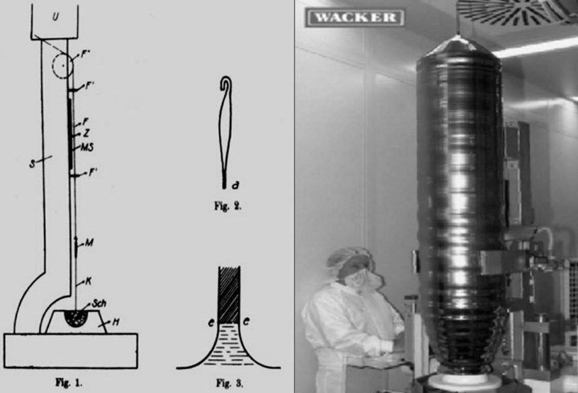 po lewej – schemat z pracy Czochralskiego,  po prawej – monokryształ krzemu o długości 2 m i masie około 300 kg otrzymany metodą Czochralskiego /archiwum prywatne