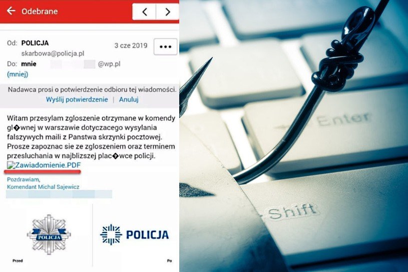 Po lewej treść fałszywego maila oszustów podszywających się pod policjantów (opublikowana przez Policja.pl) /INTERIA.PL