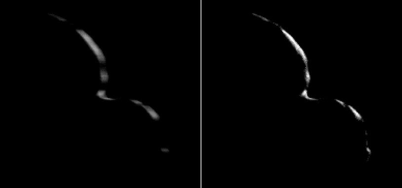 Po lewej uśredniony obraz z odległości 8900 km za 2014 MU69, ukazujący niewielką część planetoidy oświetloną przez Słońce. Po prawej przetworzona wersja tego obrazu /materiały prasowe