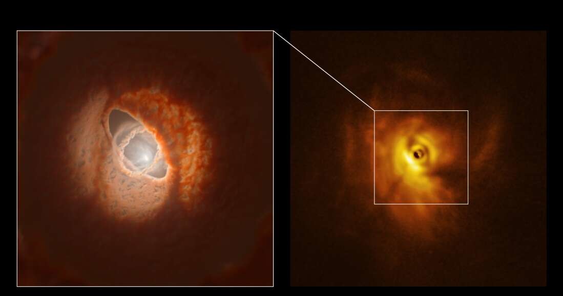 Po lewej wizja artystyczna pofałdowanego dysku protoplanetarnego, po prawej zdjęcie tego miejsca /materiały prasowe