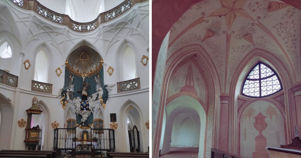 Po lewej: wnętrze kościoła św. Jana Nepomucena, po prawej: wnętrze jednej z kaplic wokół kościoła /Natalia Grygny /Archiwum autora
