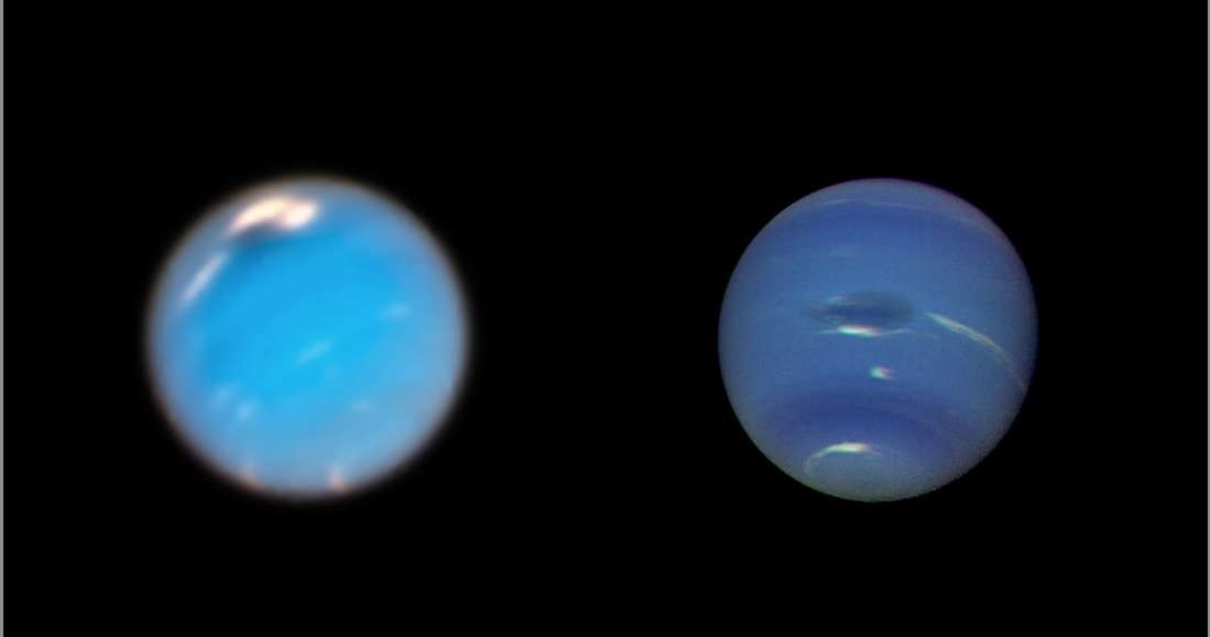 Po lewej zdjęcie burzy wykonane przez Kosmiczny Teleskop Hubble'a, a po prawej przez sondę Voyager 2 /materiały prasowe