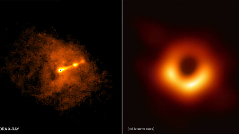 Po lewej zdjęcie czarnej dziury z kosmicznego teleskopu Chandra z 2017 r., a po prawej dokładniejsze zbliżenie na obiekt dzięki EHT z 2019 r. /NASA