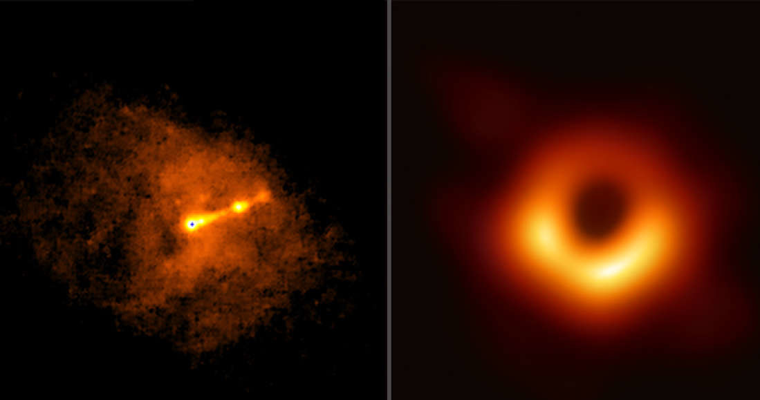 Po lewej zdjęcie czarnej dziury z kosmicznego teleskopu Chandra z 2017 r., a po prawej dokładniejsze zbliżenie na obiekt dzięki EHT z 2019 r. /NASA