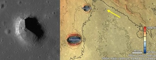 Po lewej zdjęcie wykonane przez LRO w centrum Mare Fecunditatis, po prawej mapa kontekstowa przedstawiająca jedną z jaskiń, które czekają na zbadanie /NASA/LRO /domena publiczna