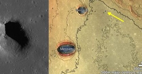 Po lewej zdjęcie wykonane przez LRO w centrum Mare Fecunditatis, po prawej mapa kontekstowa przedstawiająca jedną z jaskiń, które czekają na zbadanie /NASA/LRO /domena publiczna
