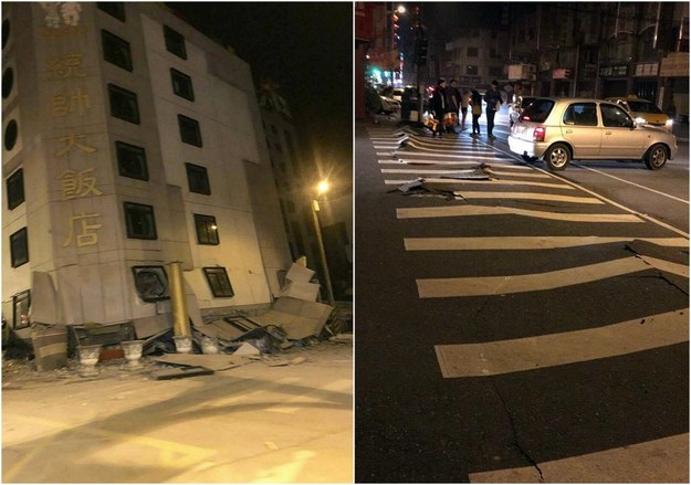 Po lewej: zniszczony w czasie trzęsienia ziemi hotel Tongshuai w Hualien, po prawej: zniszczona ulica w mieście / 	STR   /PAP/EPA