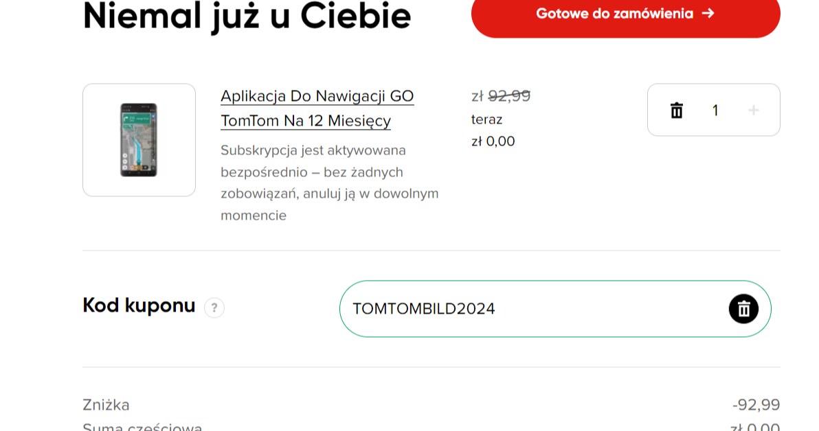 Po wpisaniu kodu rabatowego cena subskrypcji spada do 0 zł. /tomtom.com/ zrzut ekranu /