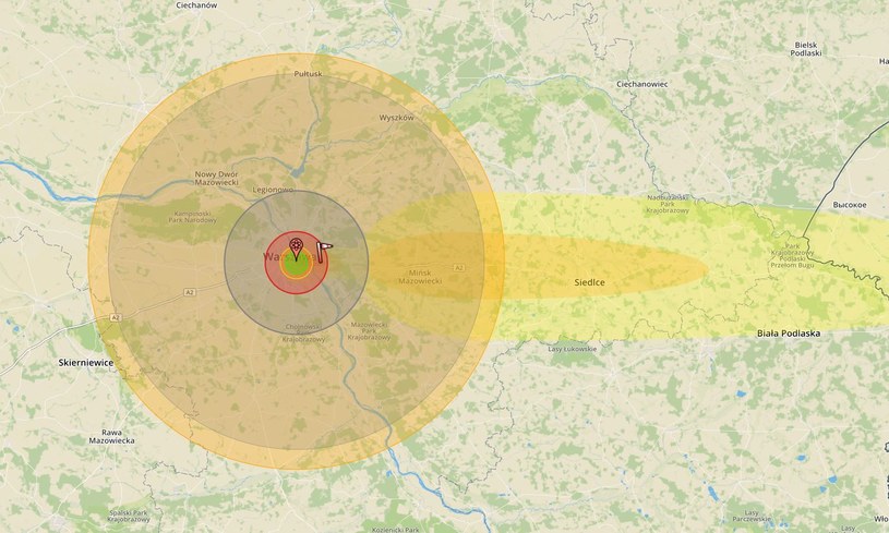 Po wybuchu nad Warszawą skutki eksplozji odczuwane byłyby około 100 km od epicentrum /https://nuclearsecrecy.com/nukemap/ /INTERIA.PL