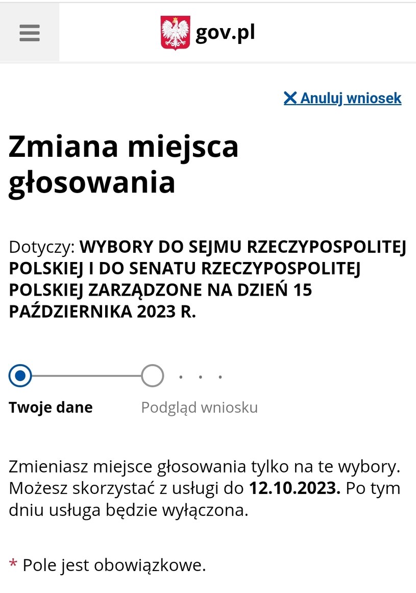 Po zalogowaniu i ewentualnym założeniu skrzynki ePUAP zobaczymy taki ekran. Poniżej znajdziemy uzupełnione dane osobowe i miejsce na wpisanie adresu, pod którym chcemy zagłosować. /ePUAP/gov.pl /materiał zewnętrzny