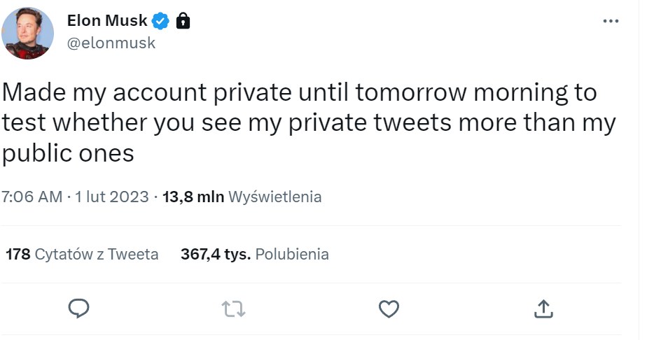 Po zmianie statusu na "prywatny" nie można zamieszczać tweetów Elona Muska w innych serwisach /Twitter