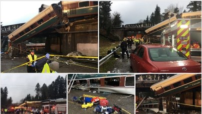 Pociąg wykoleił się nad autostradą. Są ofiary
