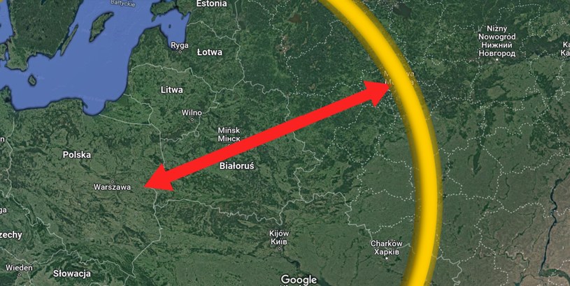 Pociski o najdalszym zasięgu 1000 km mogą dolecieć z Polski nawet na przedmieścia Moskwy. Zasięg ich działania jest znaczny /Google Maps /Zrzut ekranu /domena publiczna