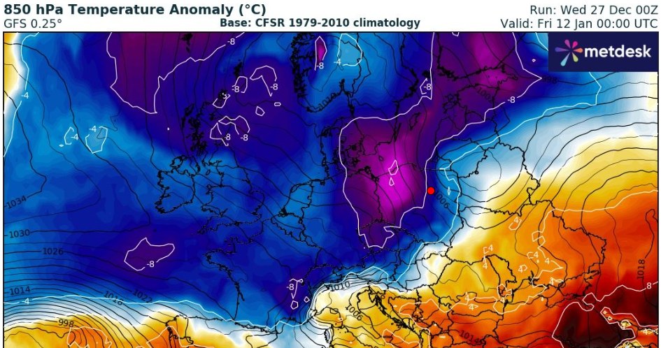 Pod koniec pierwszego tygodnia stycznia do Polski zaczną wkraczać mrozy, które będą panować w drugim tygodniu miesiąca /wxcharts /