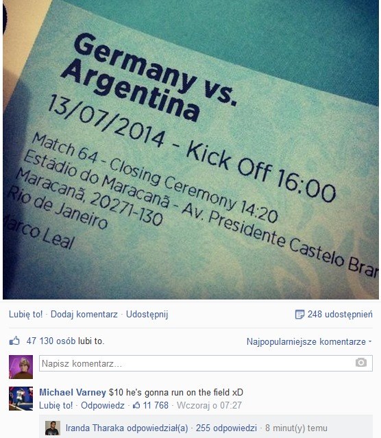 Pod zdjęciem biletu na mecz finałowy jeden z fanów przewidział, co stanie się na Maracanie /Facebook /materiały prasowe