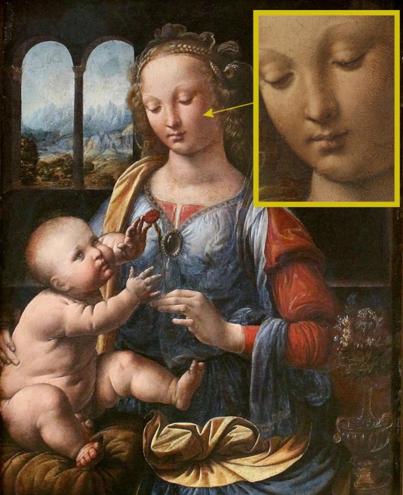 Podczas badań naukowcy analizowali obrazy malarzy m.in. Madonnę z goździkiem Leonarda da Vinci, który ma być idealnym dowodem użycia farby z żółtkiem. Widać na nim wyraźne zmarszczki na twarzy Marii i dziecka. Zwykle pojawiają się one do kilku dni od malowania, gdy obraz zaczyna schnąć od góry do dołu w przypadku farb olejnych. Jako że obraz ten jest jednym z pierwszych Leonarda da Vinci i prawdopodobnie podczas jego malowania dopiero testował rozwiązanie farby z żółtkiem. Dlatego tylko twarze mają na nim zmarszczki