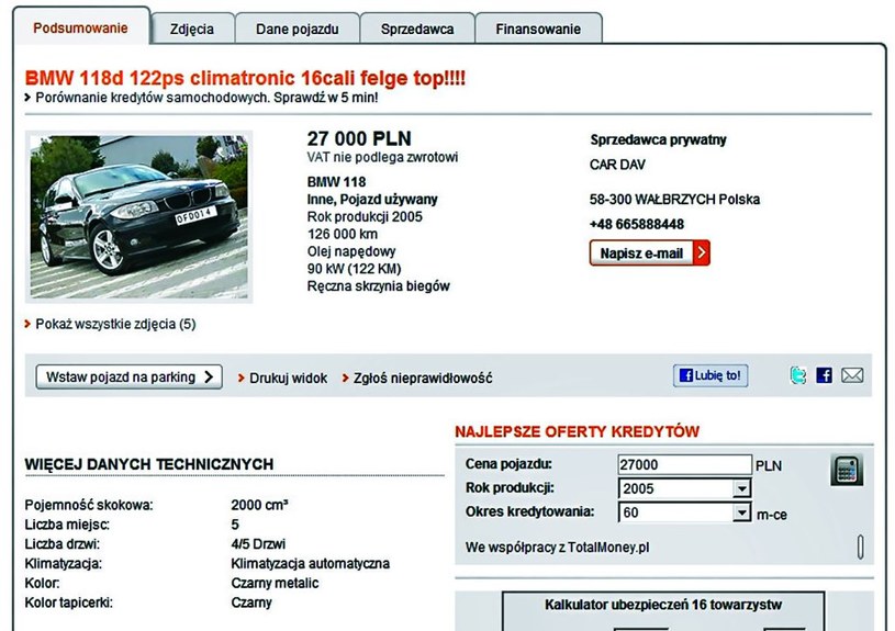Podejście pierwsze: BMW kusi niską ceną i niewielkim przebiegiem. Fikcyjne tablice rejestracyjne uniemożliwiają sprawdzenie historii auta. Cena: 27 000 zł, przebieg: 126 000 km /Motor