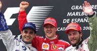 Podium GP Hiszpanii. Od lewej: Montoya, M. Schumacher i Villeneuve