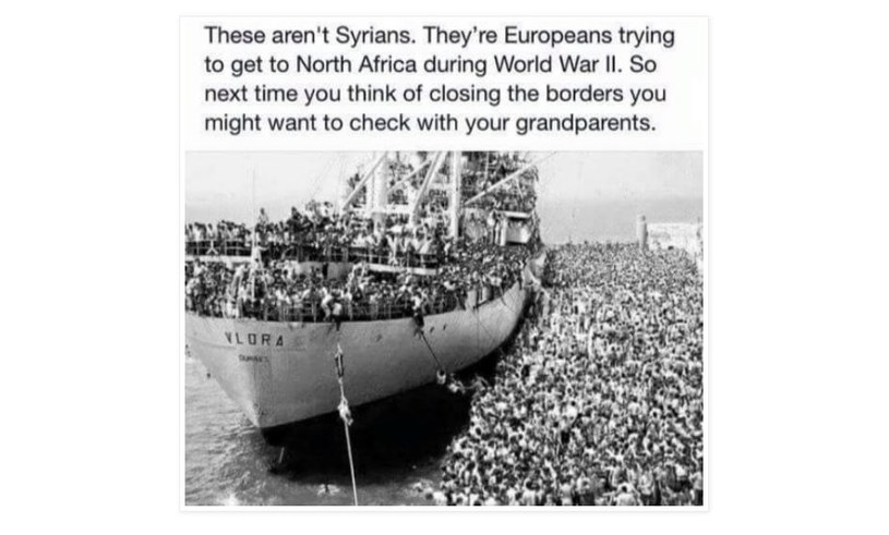 Podpis głosi, że nie są to Syryjczycy, a Europejczycy, którzy podczas II wojny światowej próbują uciec do Afryki. Zdjęcie zrobiono w Bari w 1991 roku. Uciekinierami są Albańczycy /domena publiczna