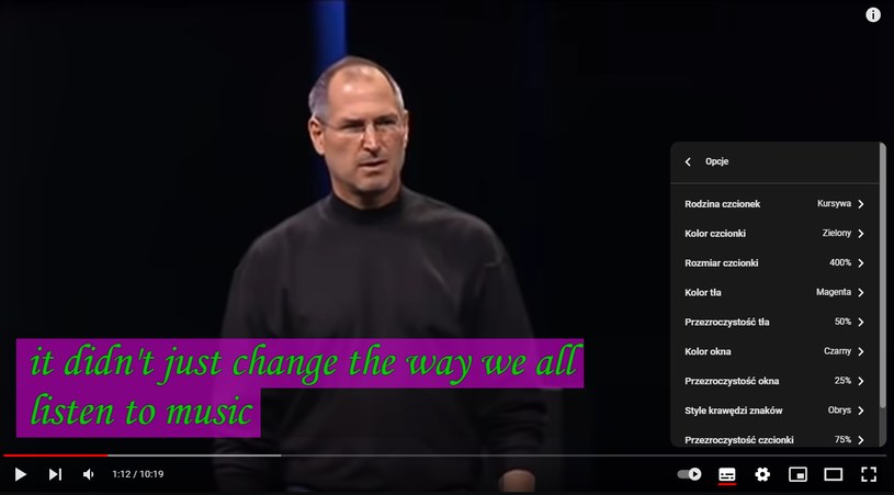 Podręczne menu modyfikacji napisów /Zrzut ekranu/YouTube/"Steve Jobs introduces iPhone in 2007" /materiał zewnętrzny