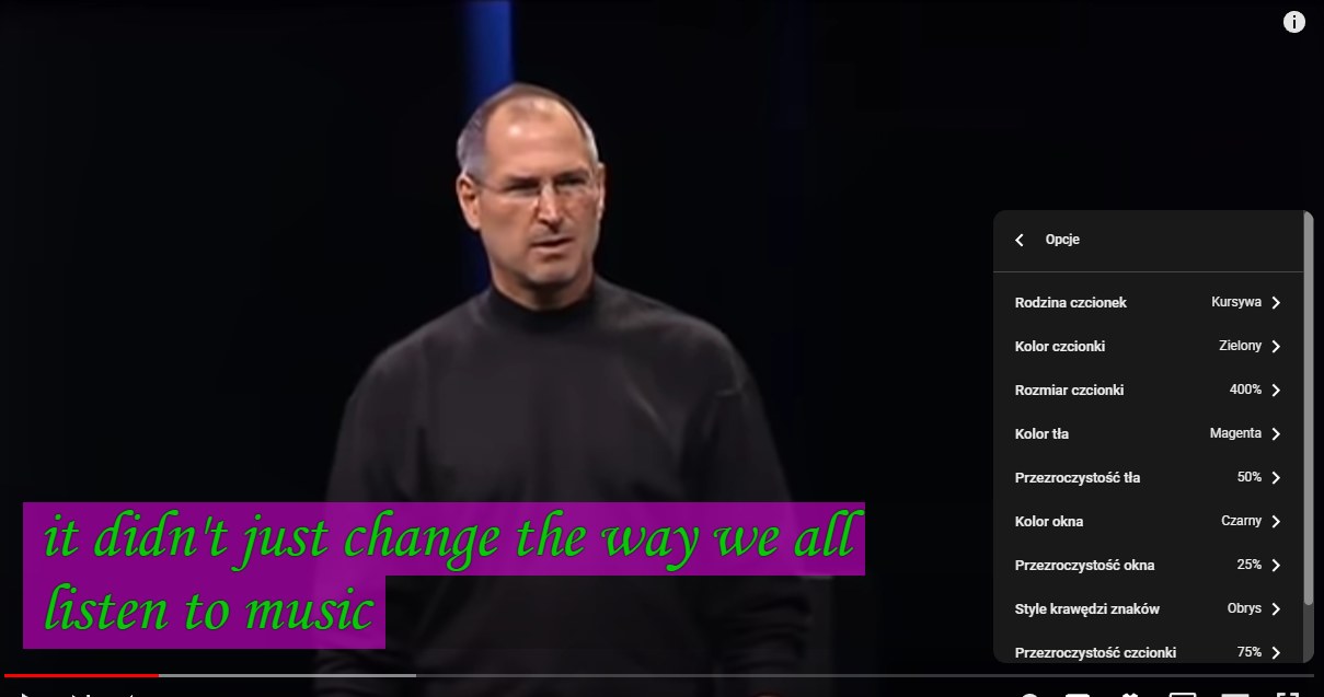 Podręczne menu modyfikacji napisów /Zrzut ekranu/YouTube/"Steve Jobs introduces iPhone in 2007" /materiał zewnętrzny