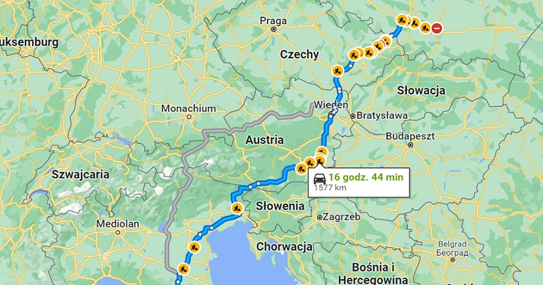 Podróż samochodem do Włoch najczęściej wiedzie przez Czechy i Austrię, a do Włoch wjeżdżamy w Tarvisio. /Google Maps/Google /materiał zewnętrzny