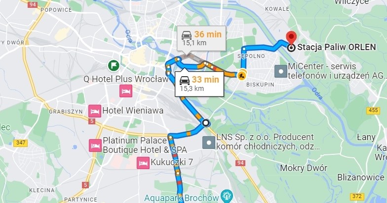 Podróż z Jagodna na stację Orlen to około 15 km. / źródło Google Maps /