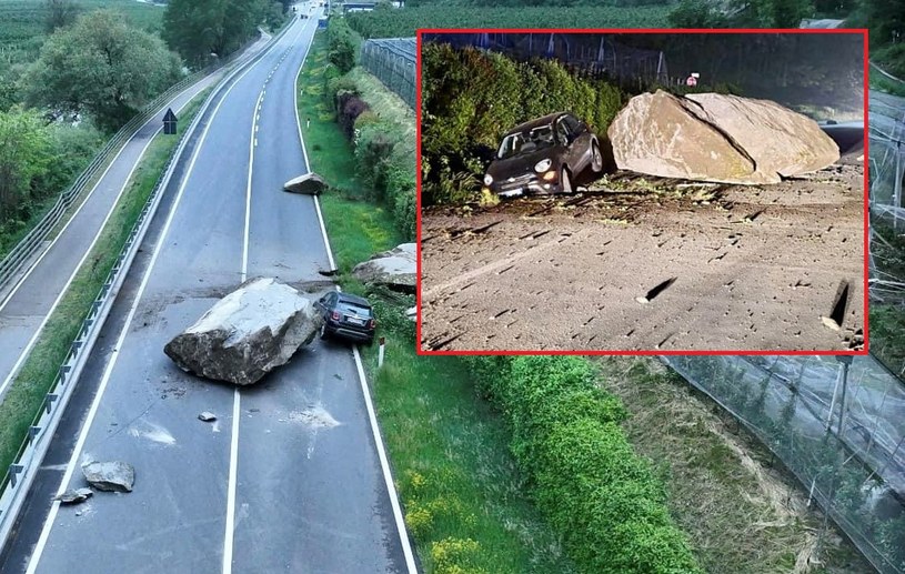 Podróżujący Fiatem 500 młodzi mężczyźni znaleźli się na kursie kolizyjnym z 80-tonową skałą. /Landesfeuerwehrverband Südtirol/ Facebook /