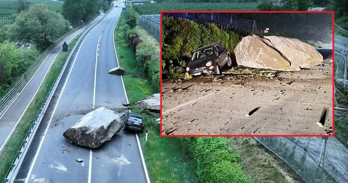 Podróżujący Fiatem 500 młodzi mężczyźni znaleźli się na kursie kolizyjnym z 80-tonową skałą. /Landesfeuerwehrverband Südtirol/ Facebook /