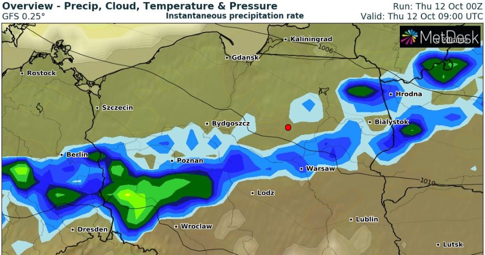 Podróżujący od północy front atmosferyczny przyniesie deszcze i silny wiatr. Mimo to będzie stosunkowo ciepło /wxcharts /