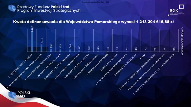 Podział dofinansowania dla województwa pomorskiego na poszczególne rodzaje inwestycji /Zrzut ekranu /