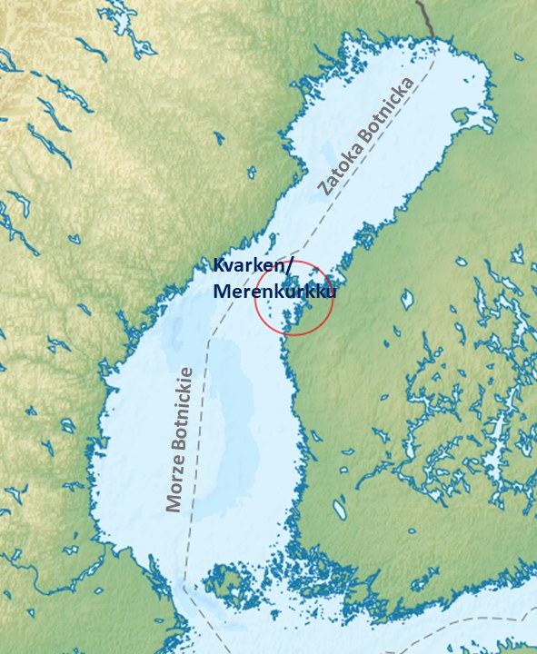 Podział Zatoki Botnickiej. Czerwonym okręgiem zaznaczone fińskie wyspy /opr. GeekWeek/podkład Nzeemin & NordNordWest/CC BY-SA 3.0 DEED (https://creativecommons.org/licenses/by-sa/3.0/deed.en) /Wikimedia