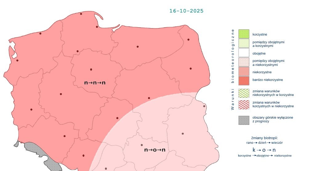 Pogoda będzie miała niekorzystny wpływ na samopoczucie większości Polaków. Chwilowo sytuacja poprawi się na południowym wschodzie kraju /IMGW /