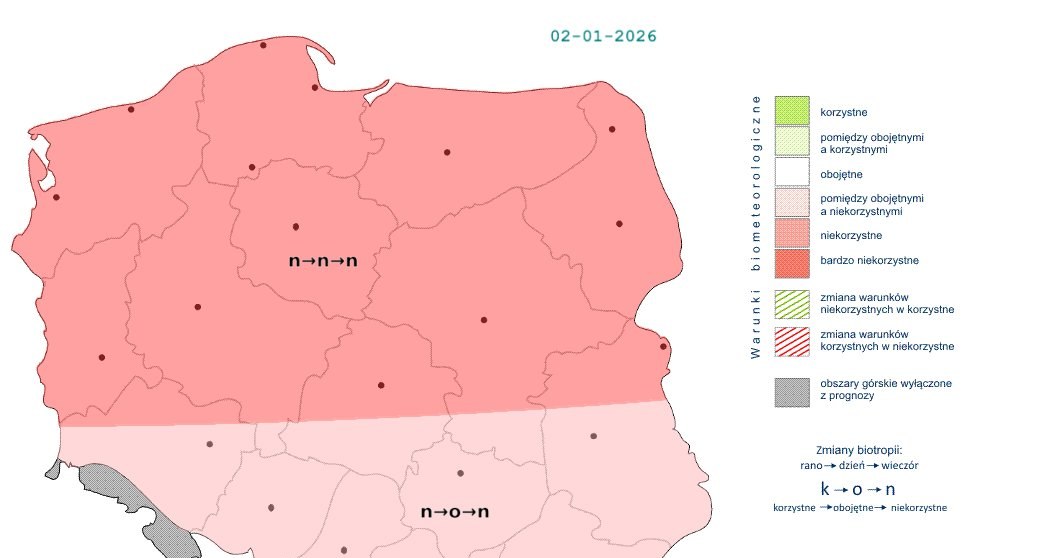Pogoda będzie niekorzystnie wpływać na nasz organizm w całej Polsce. Jedynie na południu w ciągu dnia sytuacja może się nieco poprawić /IMGW /
