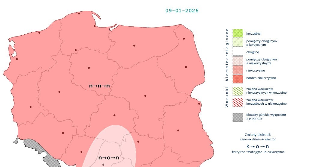Pogoda będzie niekorzystnie wpływać na nasz organizm w całej Polsce. Tylko miejscami na południu sytuacja może się przejściowo poprawić /IMGW /