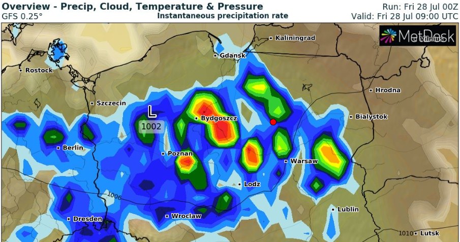 Pogoda w piątek będzie wymagająca: pojawią się deszcze i burze z gradem. Maksymalna temperatury wyniesie 24 stopnie Celsjusza /wxcharts /