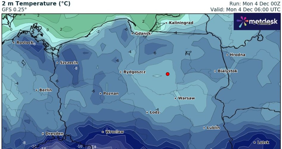 Pogoda w poniedziałek jest spokojniejsza, ze słabszymi opadami śniegu, jednak z większym mrozem /wxcharts /