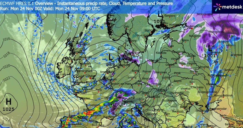 Pogoda w poniedziałek z przelotnymi opadami śniegu w wielu miejscach i silnym mrozem w nocy na południu /WXCharts /